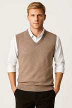 Beige men's V-neck sleeveless sweater