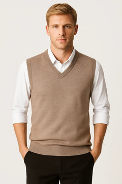 Beige men's V-neck sleeveless sweater