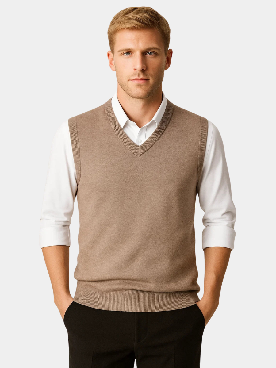 Man wearing a V-neck sleeveless sweater