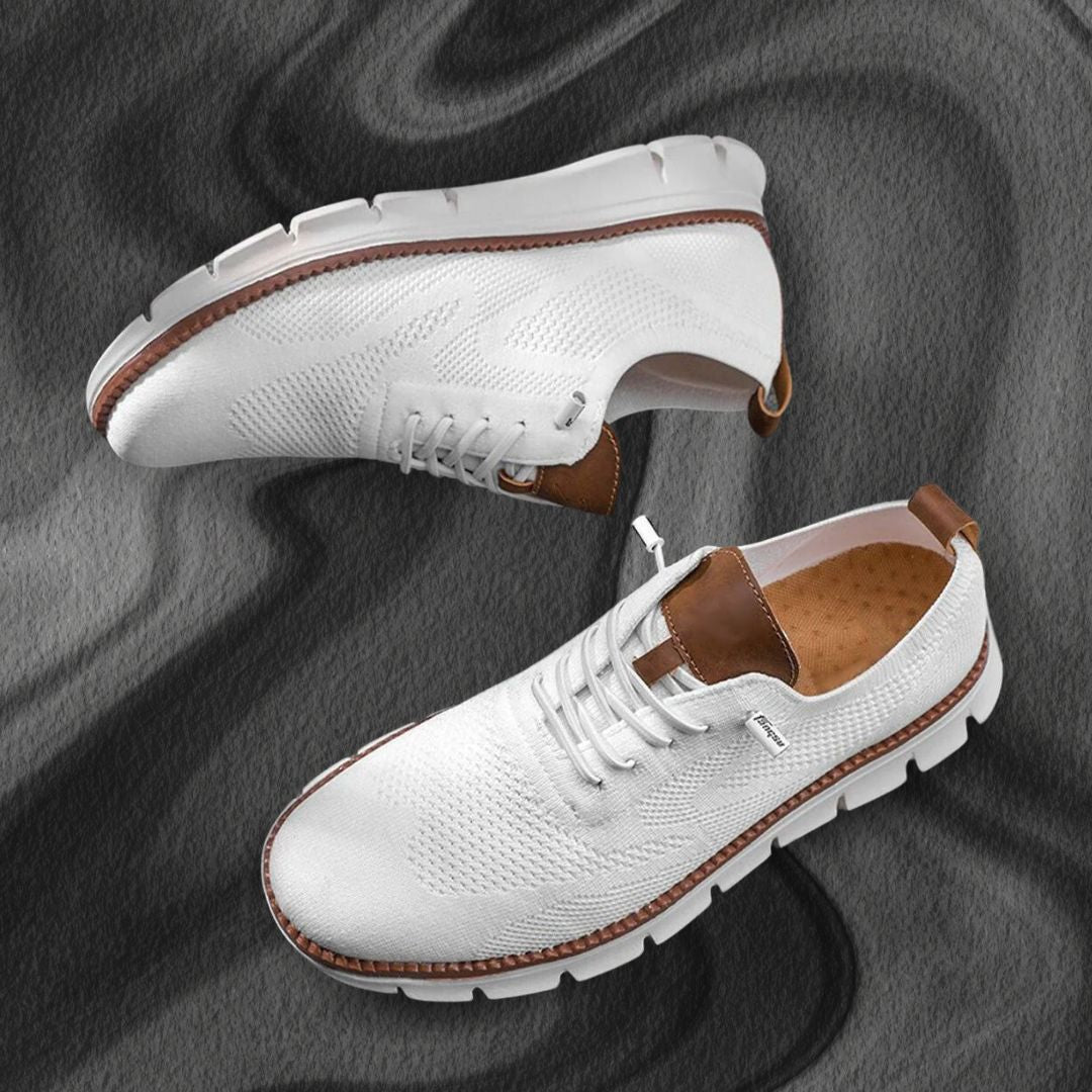 Men's arch-support walking sneakers on foot lifestyle view