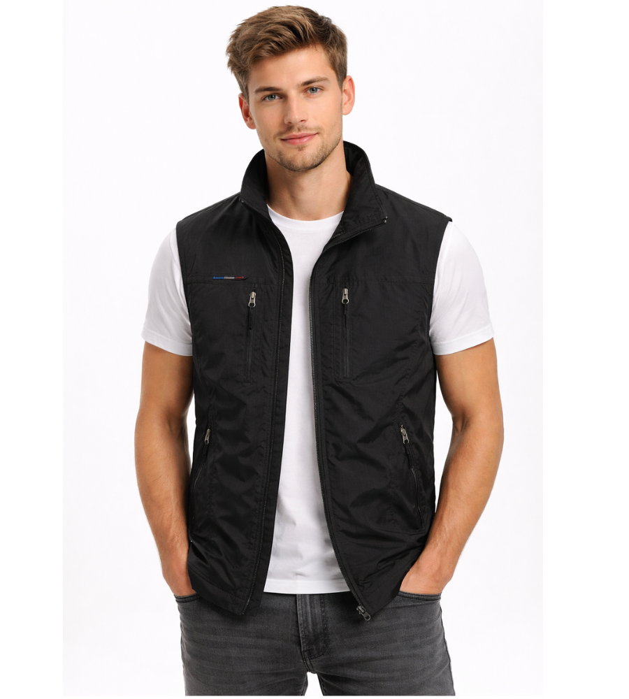 Men's zip gilet with stand-up collar in Black
