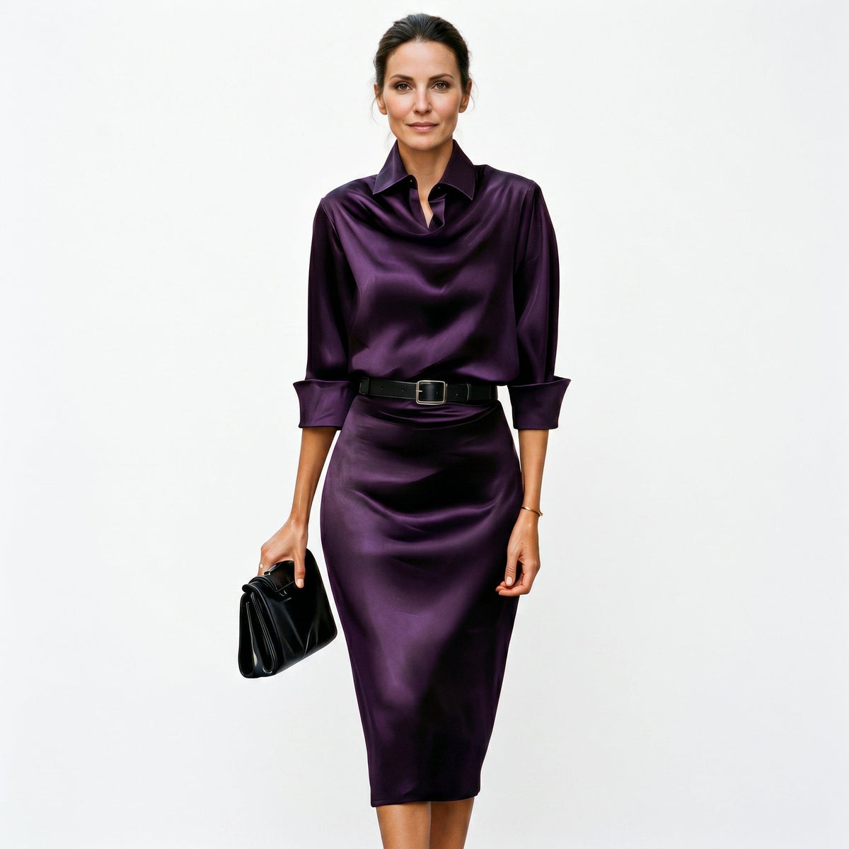 Cowl neck detail of satin midi dress