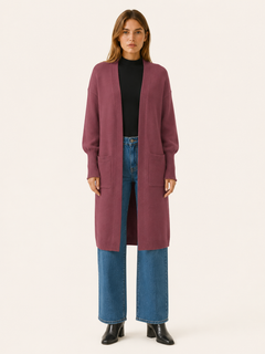 Long Cardigan with Balloon Sleeves and Front Pockets - Wine