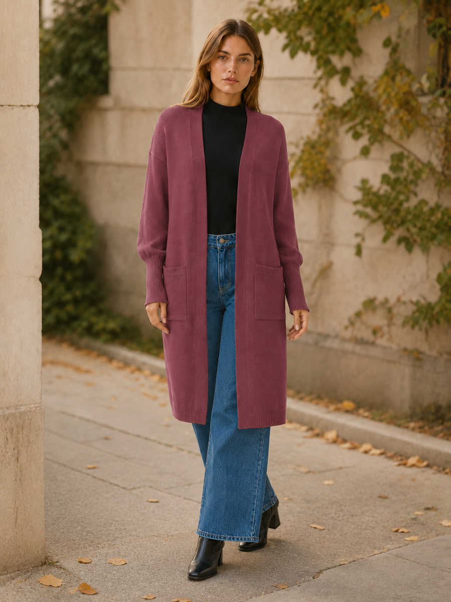 Long Cardigan with Balloon Sleeves and Front Pockets