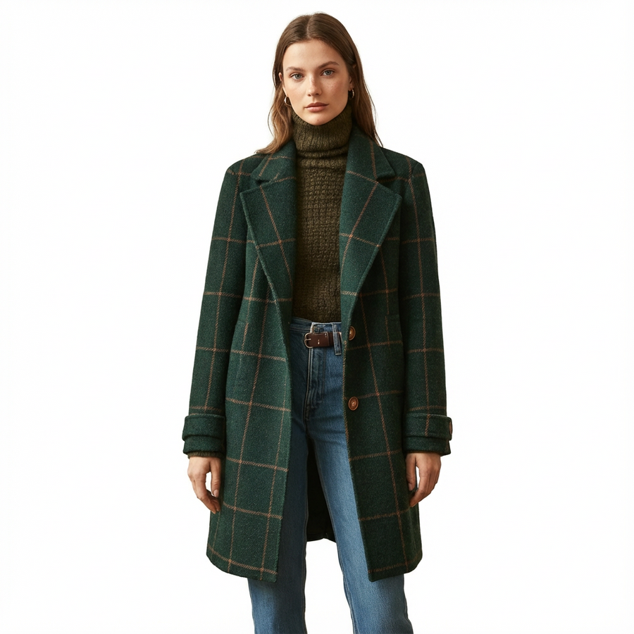 Classic windowpane check coat shown from the front