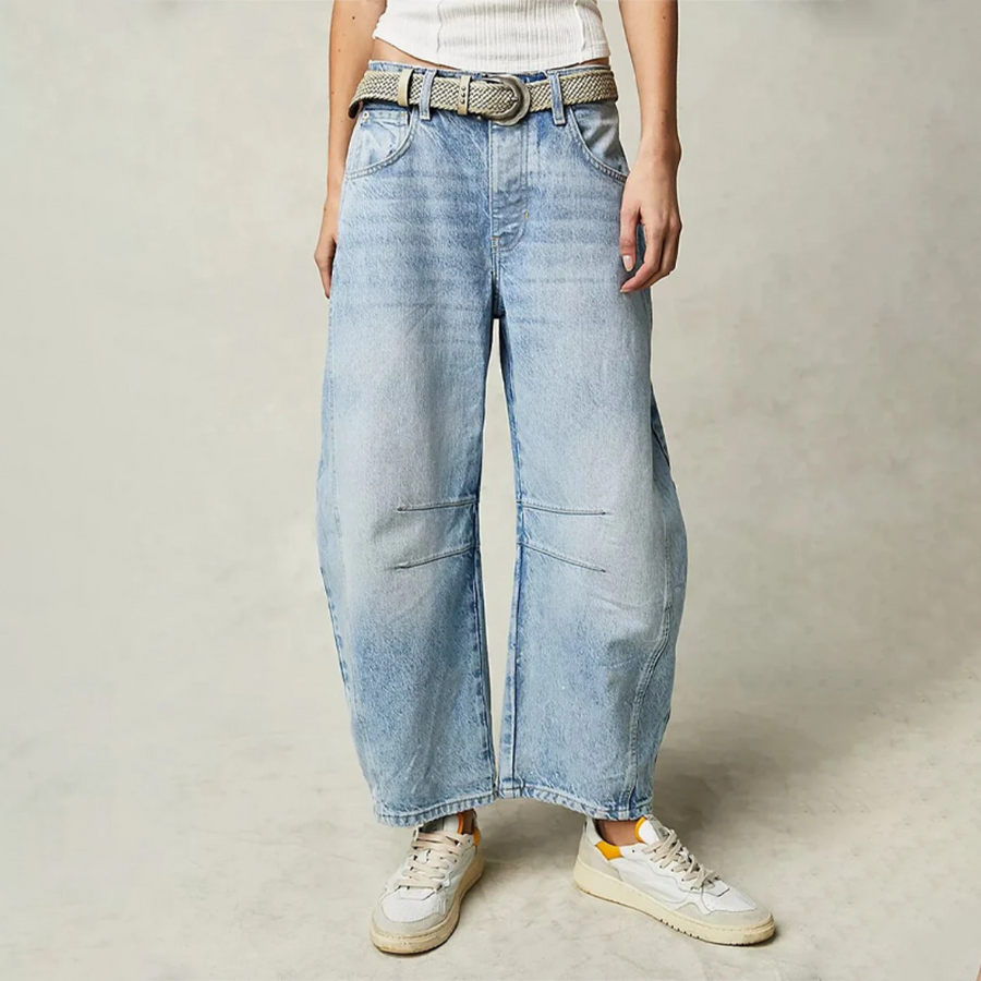 Women's relaxed barrel-leg mid-rise jeans in light blue