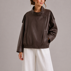 Women's Faux Leather Bomber Jacket with High Collar in Brown