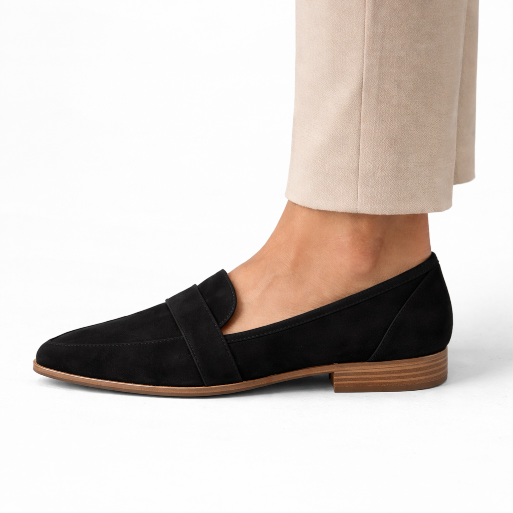 Women's comfort suede loafers in black, side view